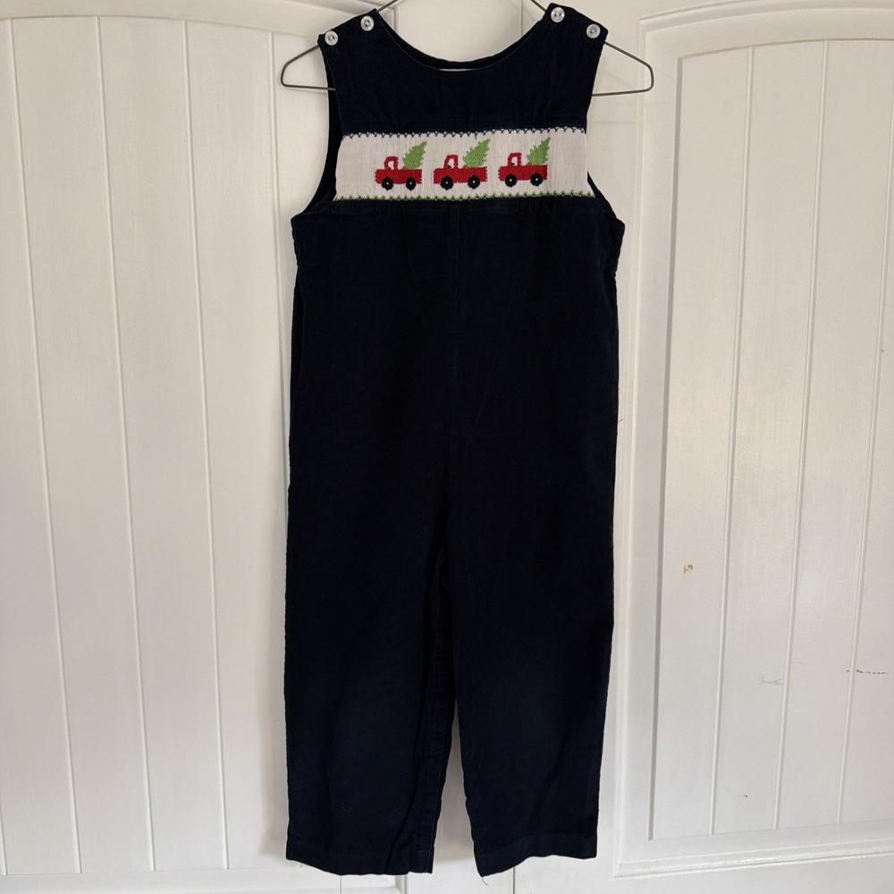 Navy Vive La Fete Smocked Christmas Overalls Boys 4T Red Truck Christmas Tree